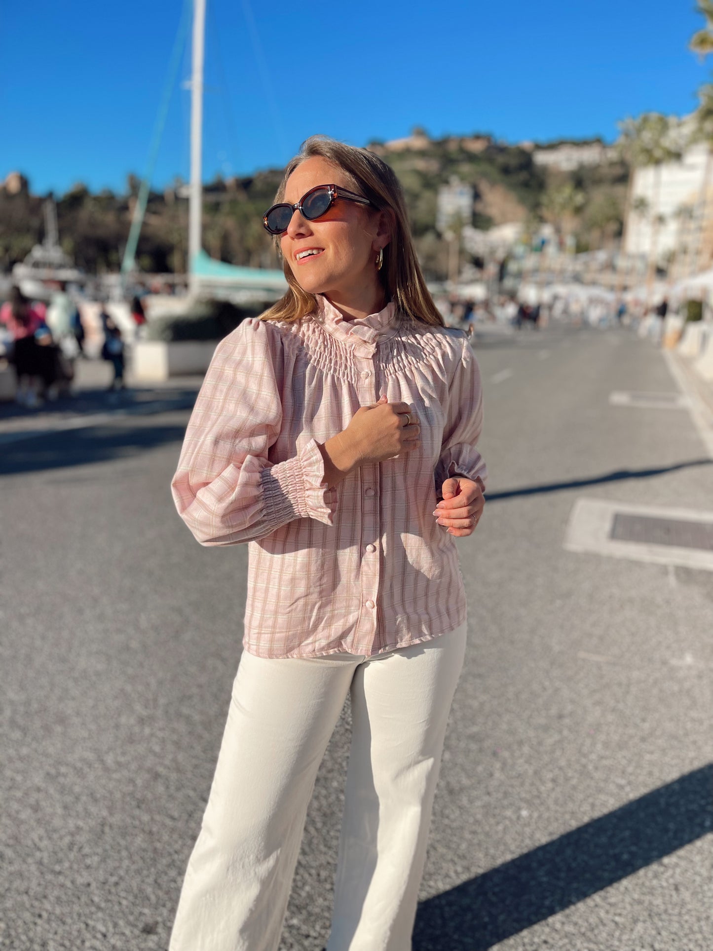 Blusa engomada cuadros rosa