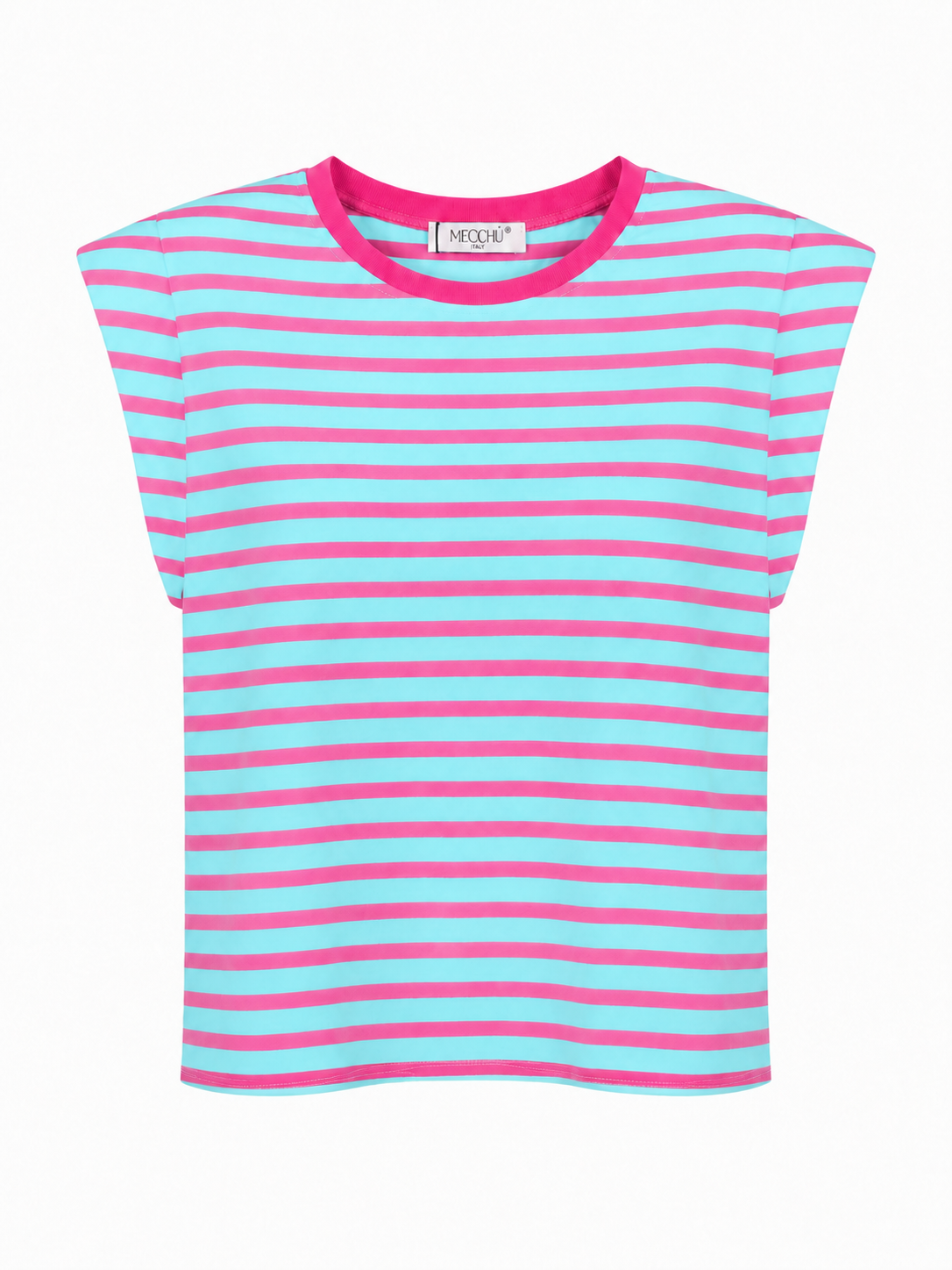 Camiseta algodon rayas hombreras turquesa y rosa