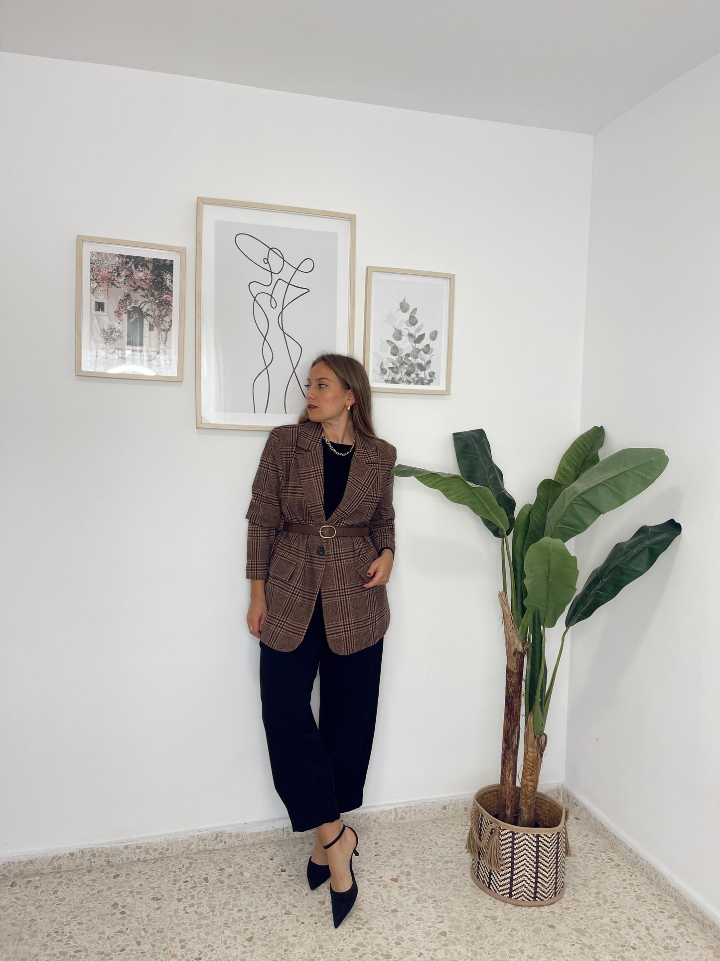Blazer cuadros marron con cinturón