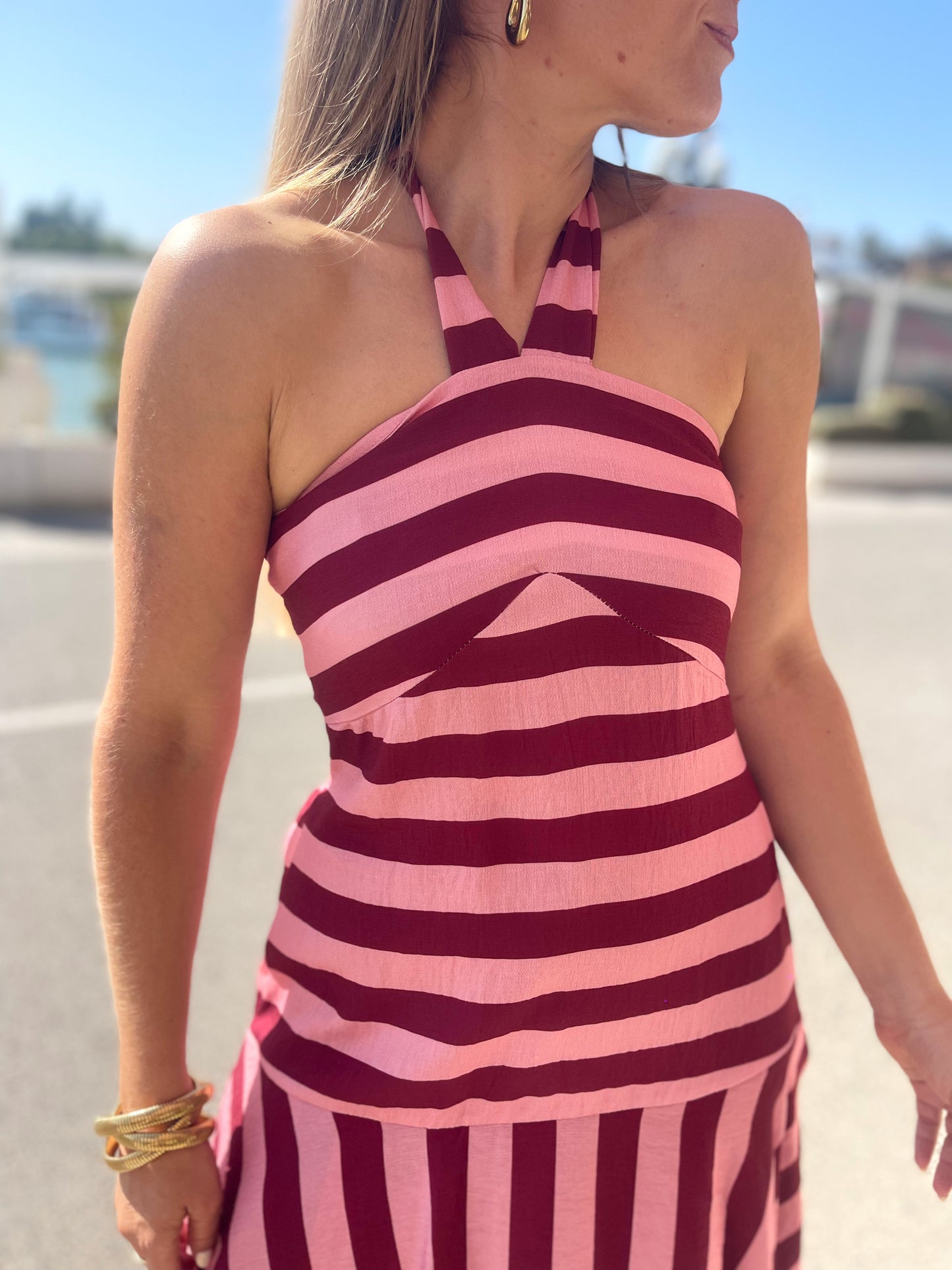 Vestido halter rayas rosa