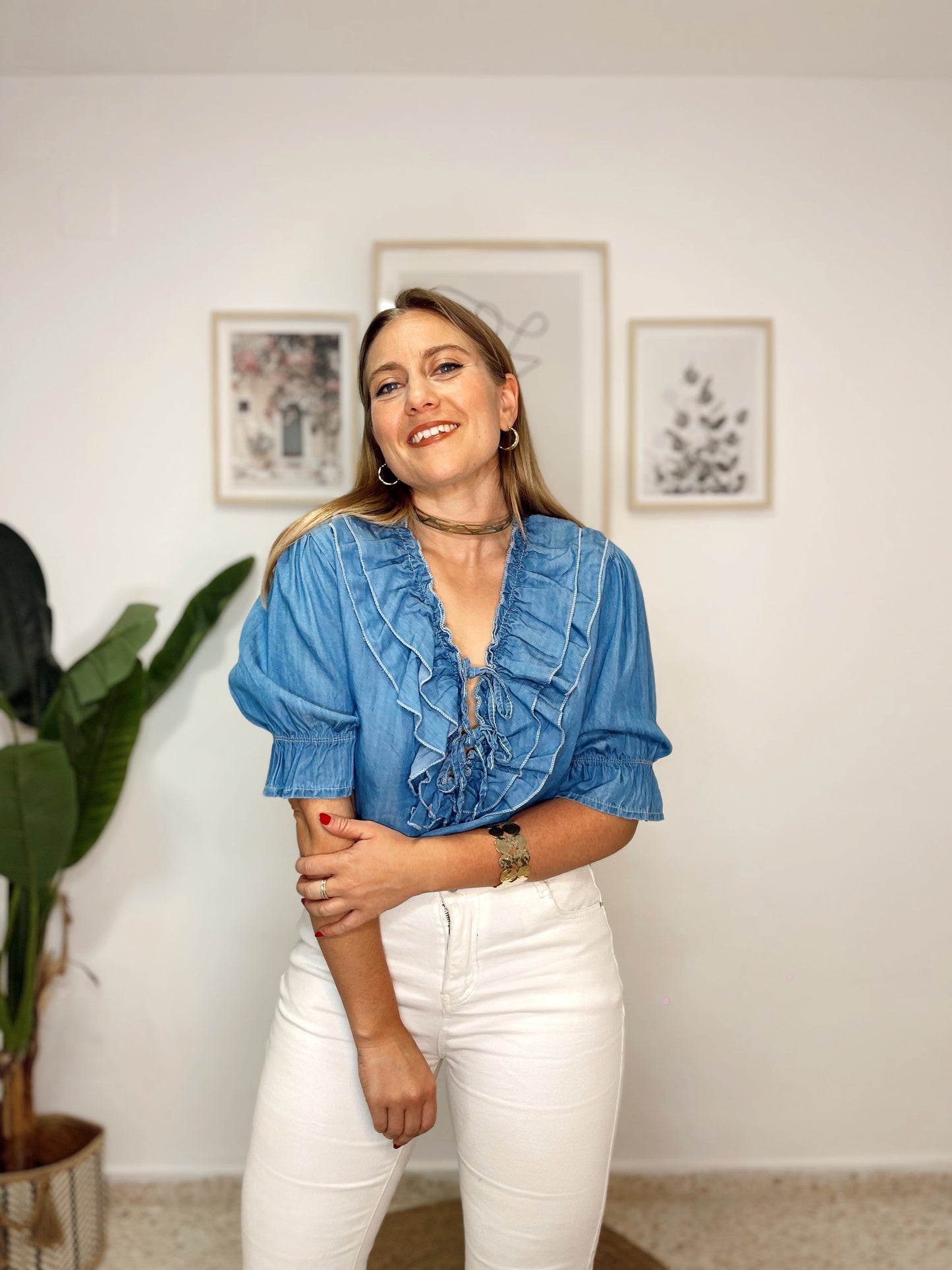 Blusa denim rizada