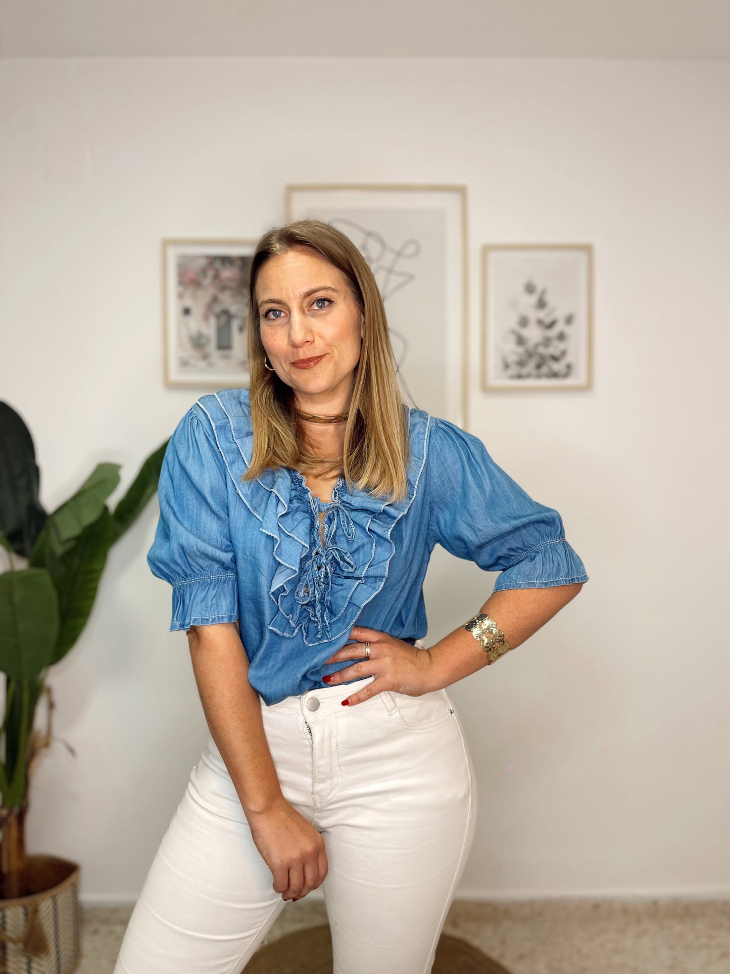 Blusa denim rizada