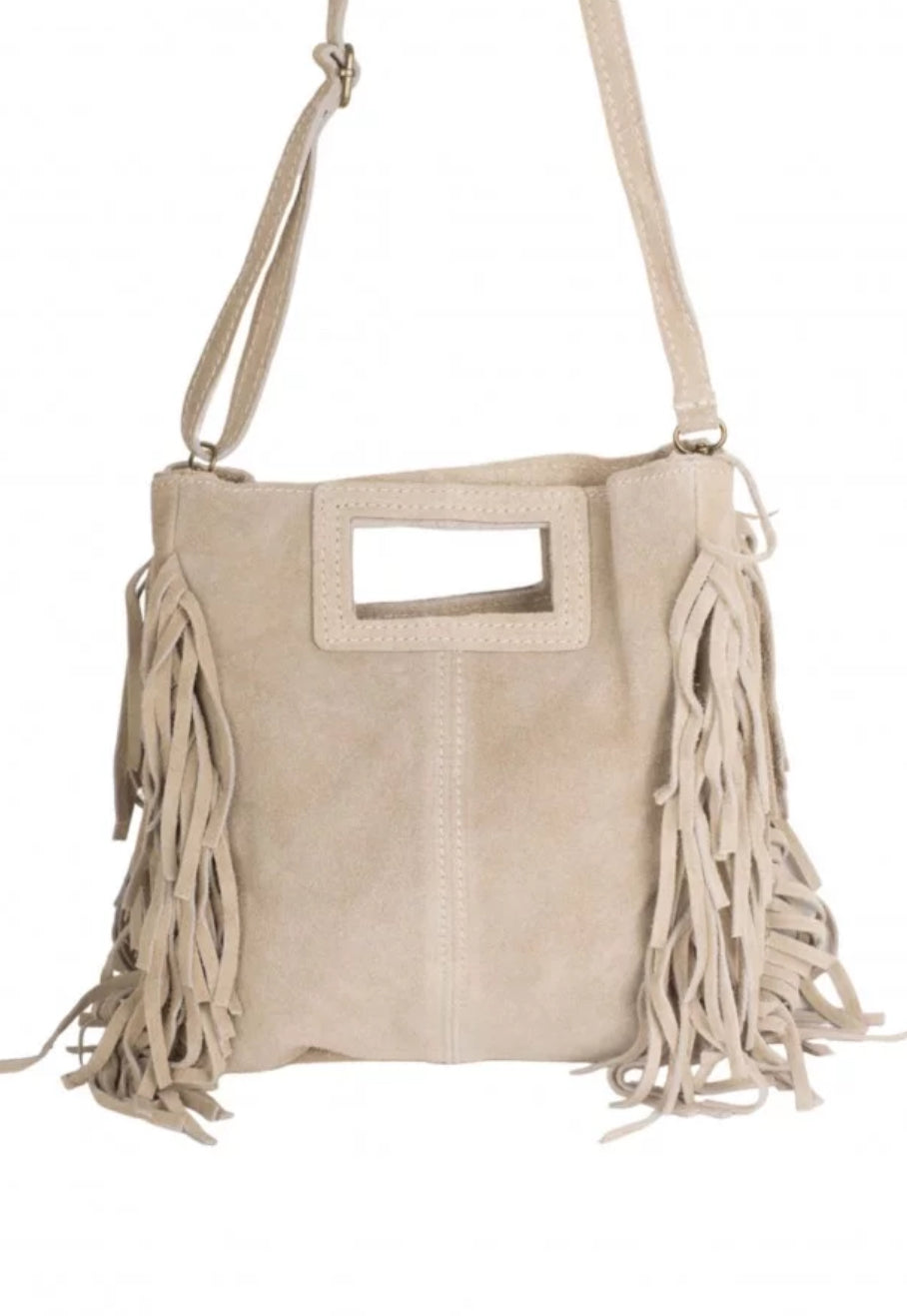 Bolso piel serraje beige flecos