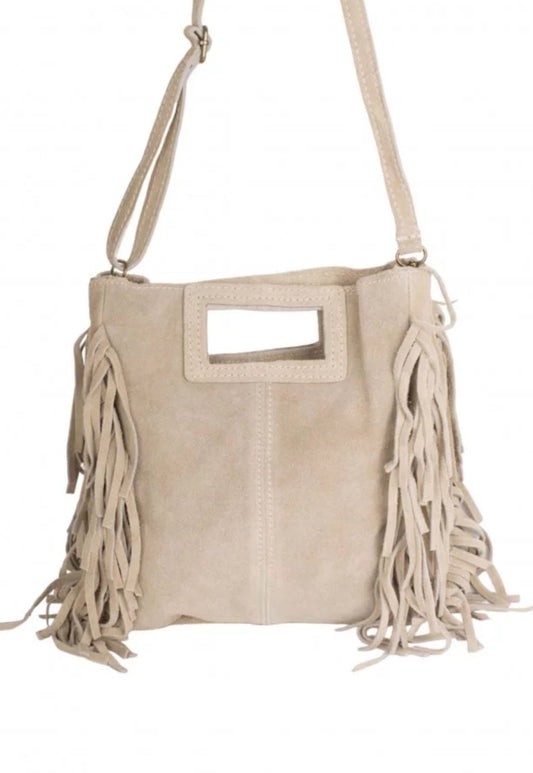 Bolso piel serraje beige flecos