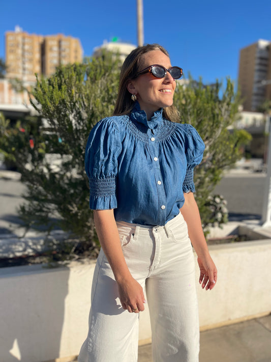 Blusa cuello engomado denim