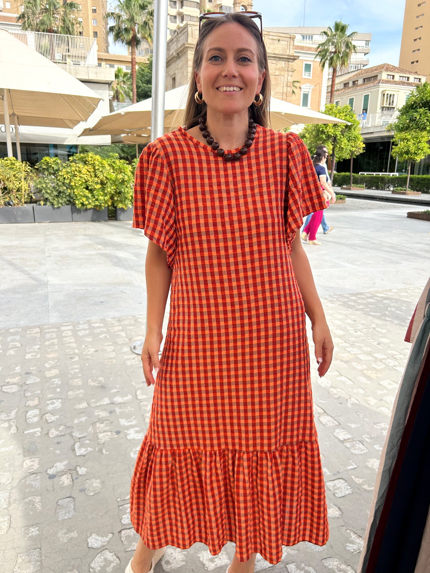 Vestido cuadros naranja