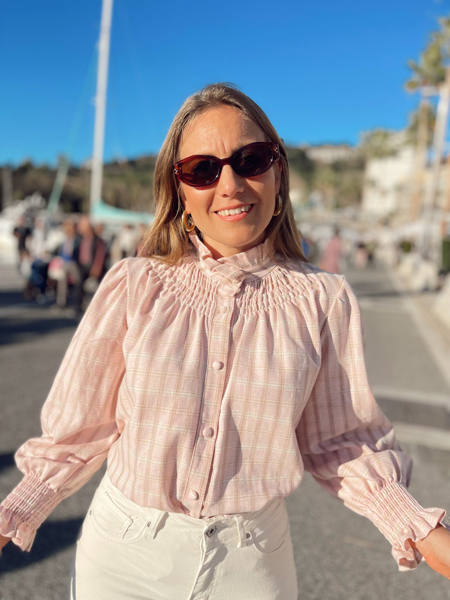 Blusa engomada cuadros rosa