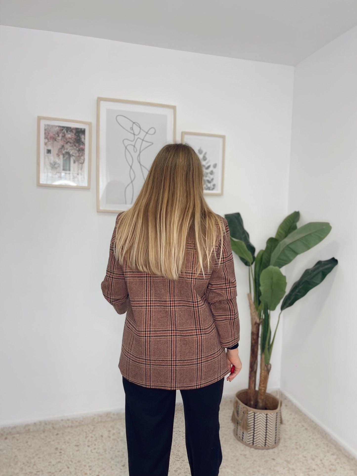 Blazer cuadros marron con cuello pelo extraible