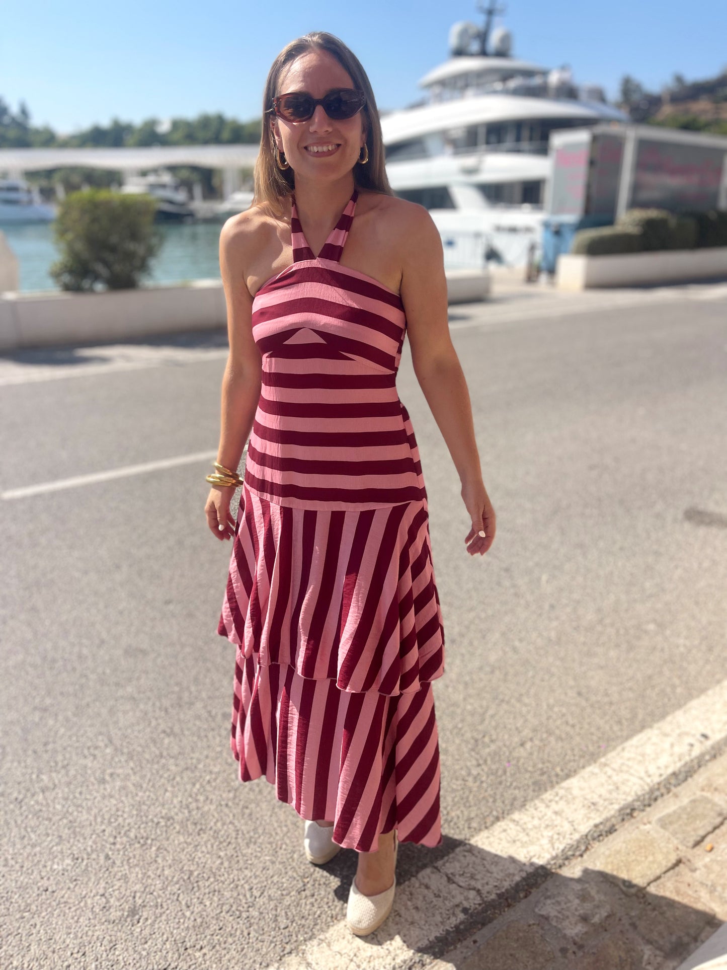 Vestido halter rayas rosa