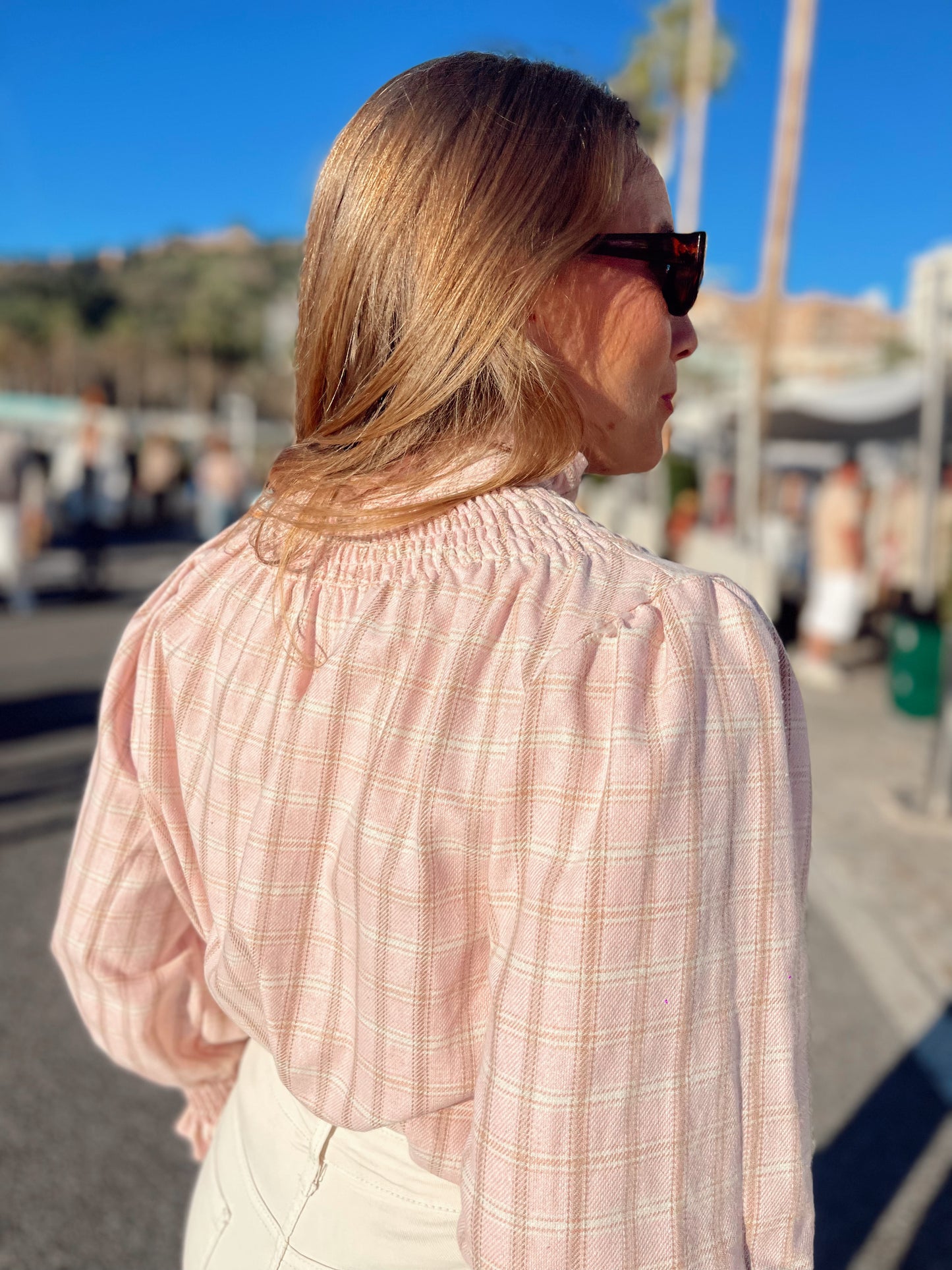 Blusa engomada cuadros rosa