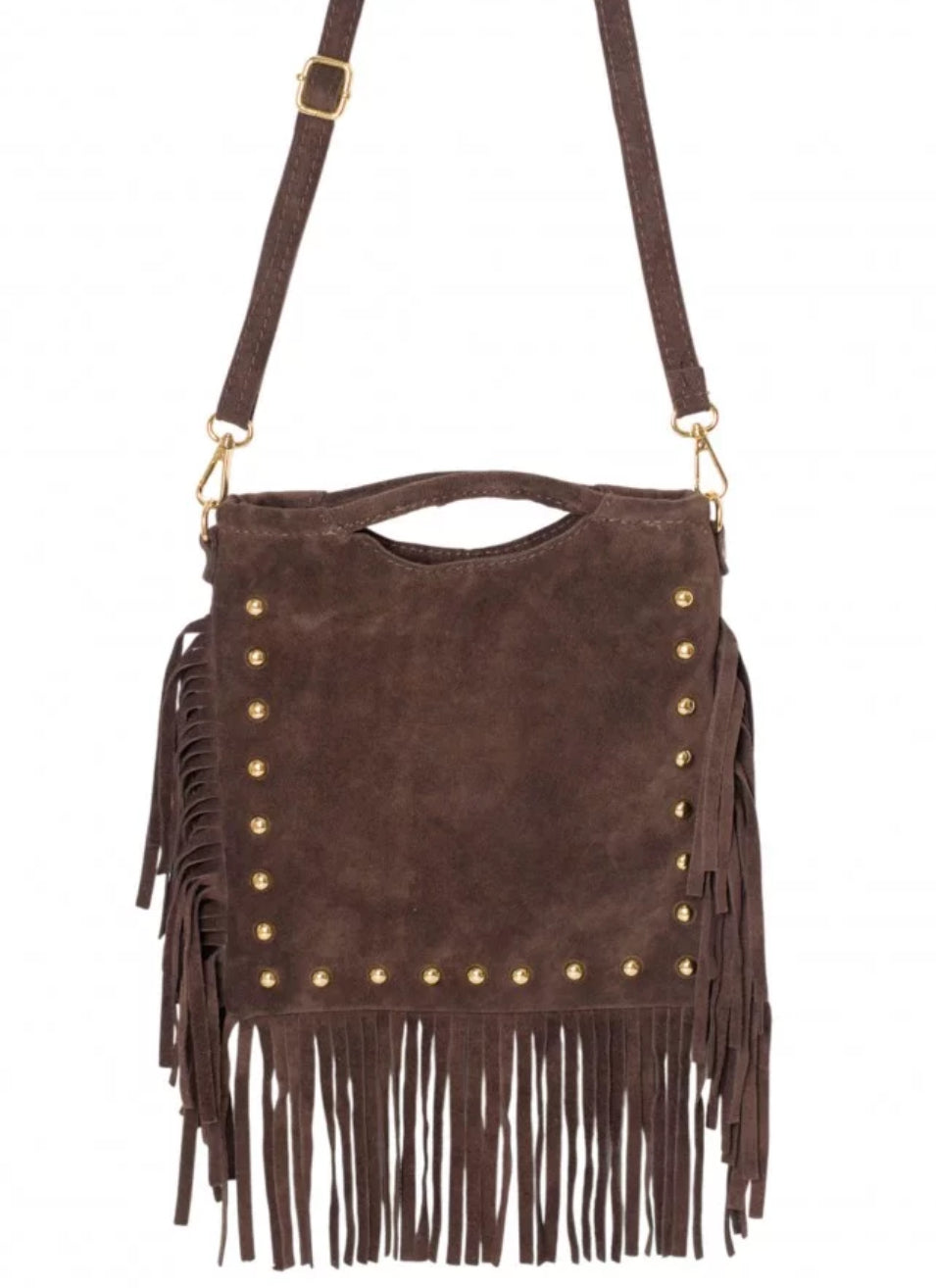 Bolso piel serraje flecos tachuelas marron
