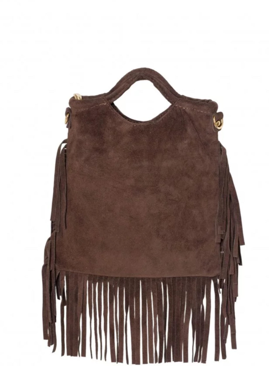 Bolso piel serraje flecos tachuelas marron