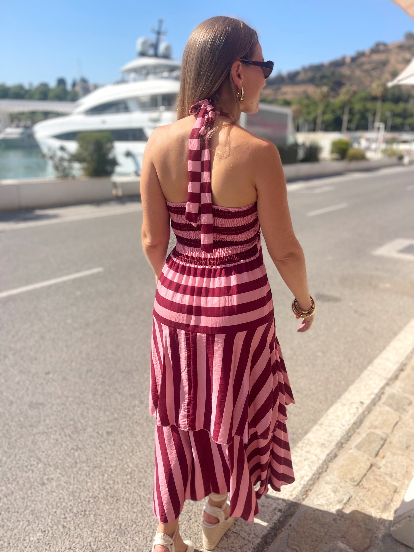 Vestido halter rayas rosa