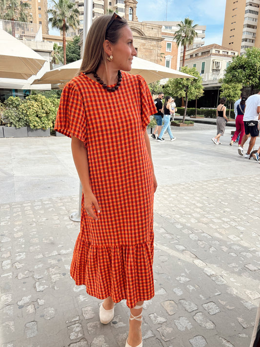 Vestido cuadros naranja