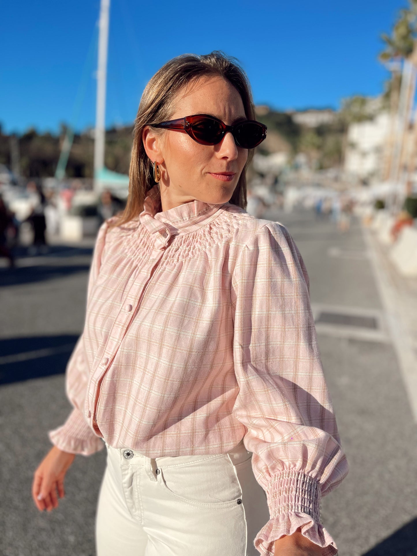 Blusa engomada cuadros rosa