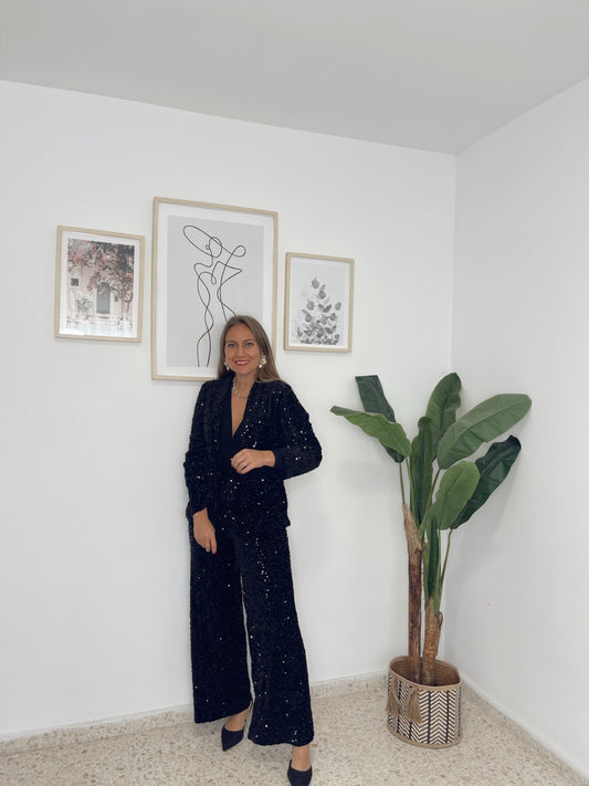 Conjunto terciopelo lentejuelas negro (chaqueta y pantalón)