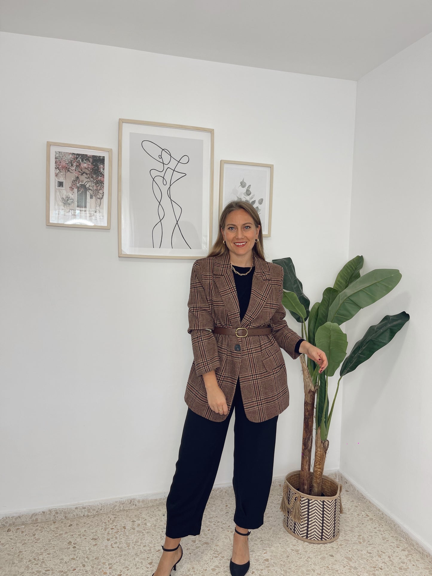 Blazer cuadros marron con cinturón