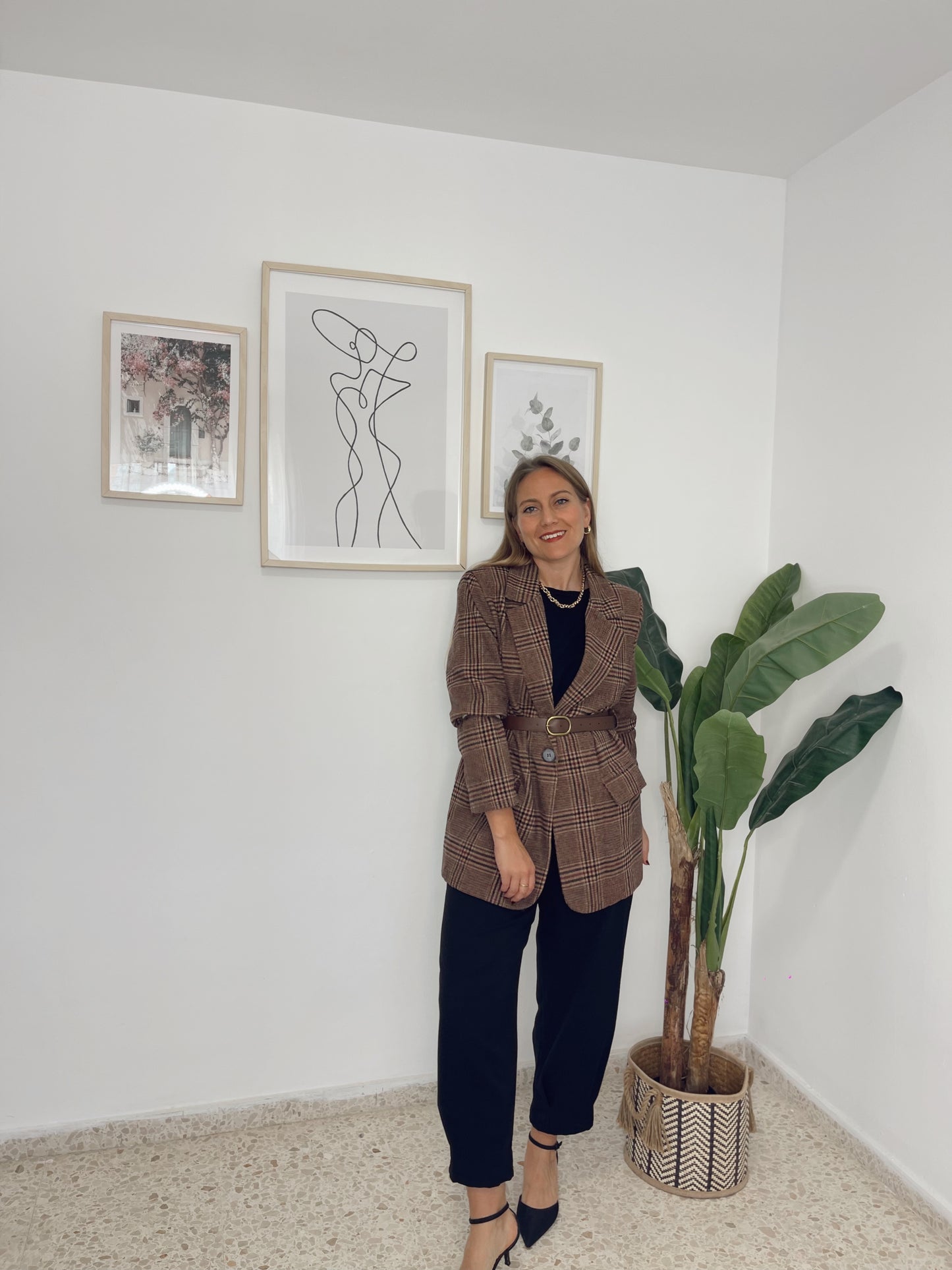 Blazer cuadros marron con cinturón