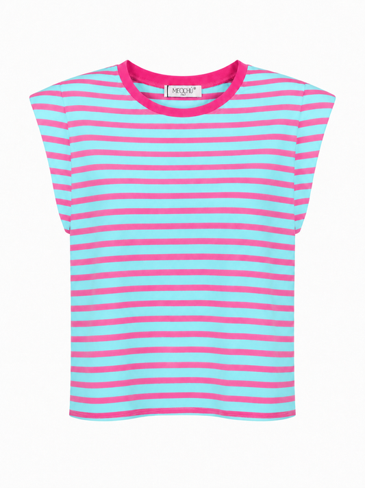 Camiseta algodon rayas hombreras turquesa y rosa