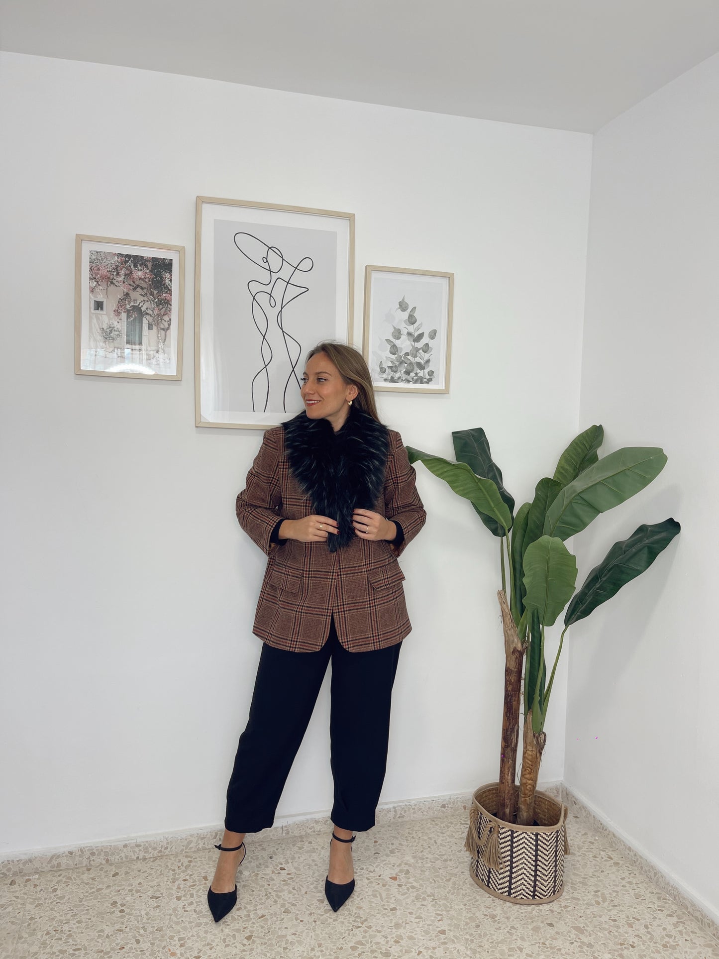 Blazer cuadros marron con cuello pelo extraible