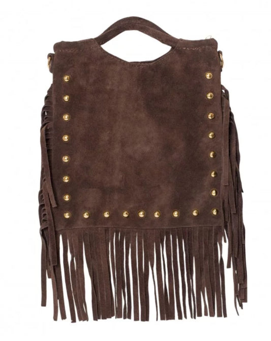 Bolso piel serraje flecos tachuelas marron