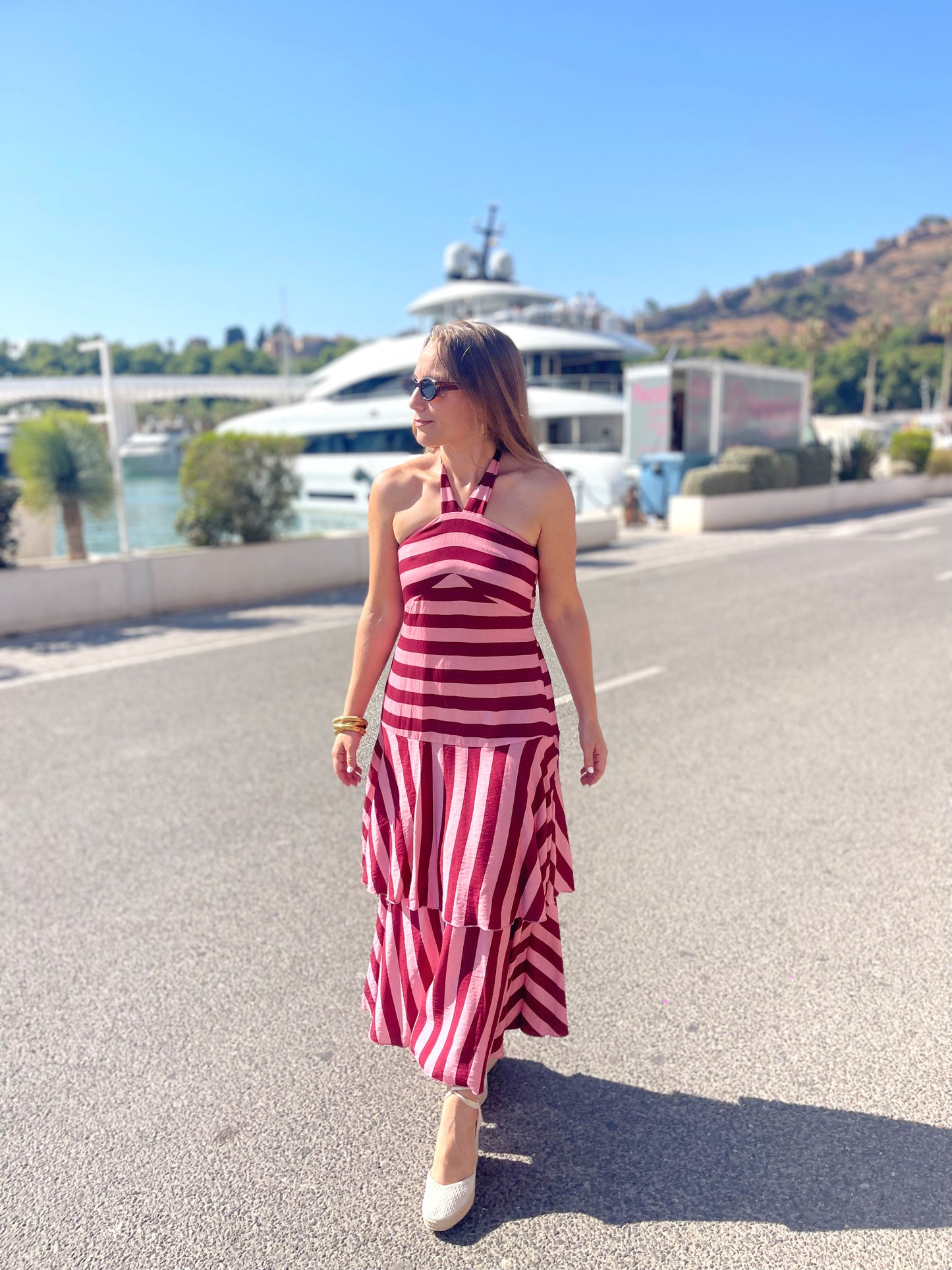 Vestido halter rayas rosa