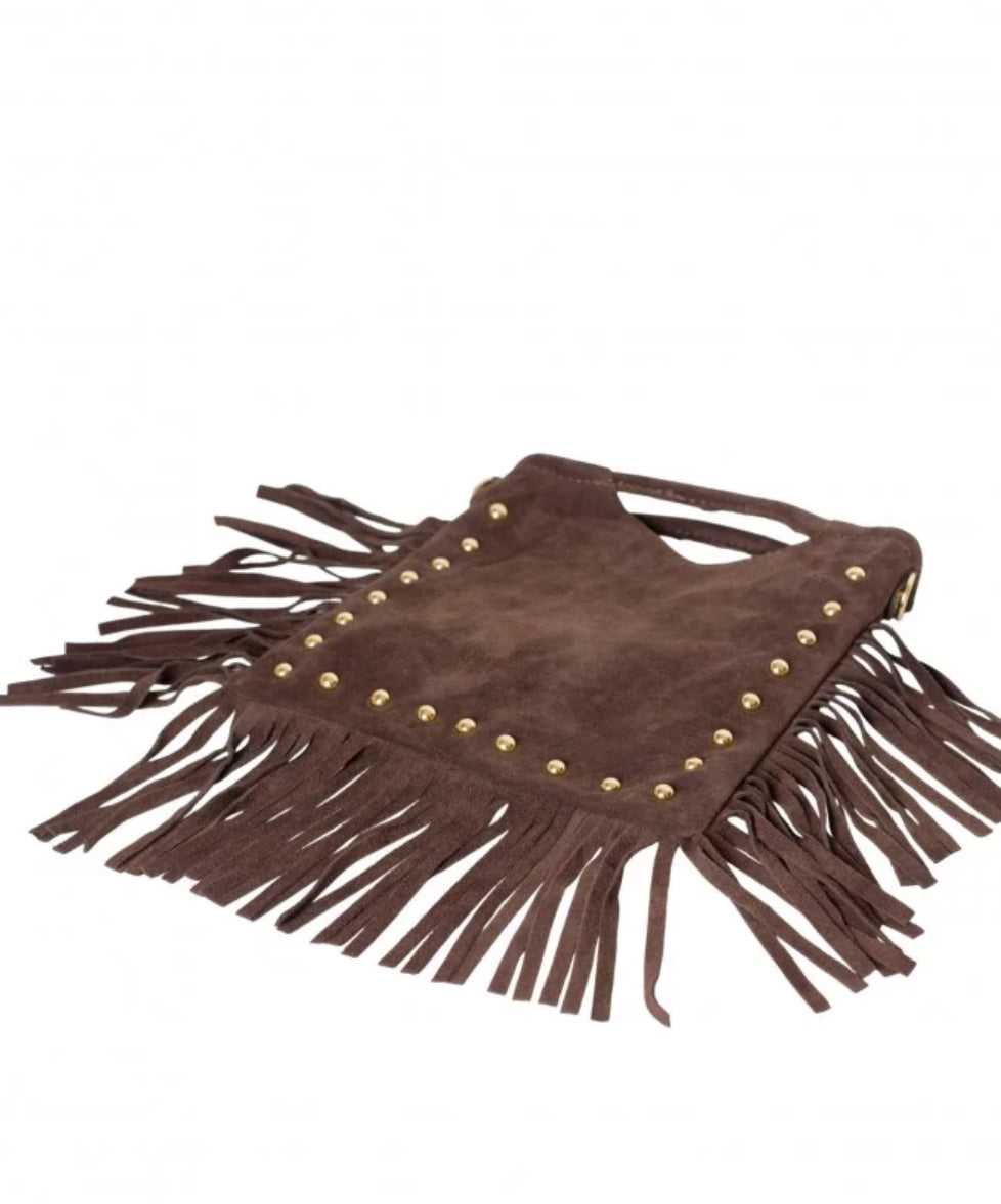 Bolso piel serraje flecos tachuelas marron