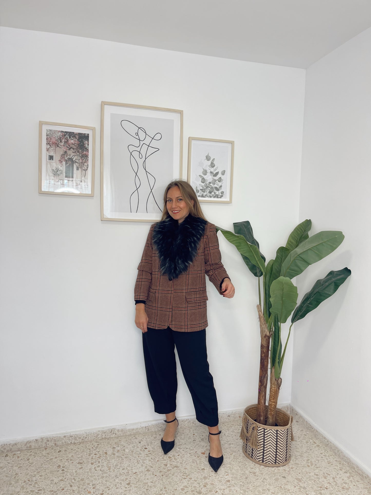 Blazer cuadros marron con cuello pelo extraible