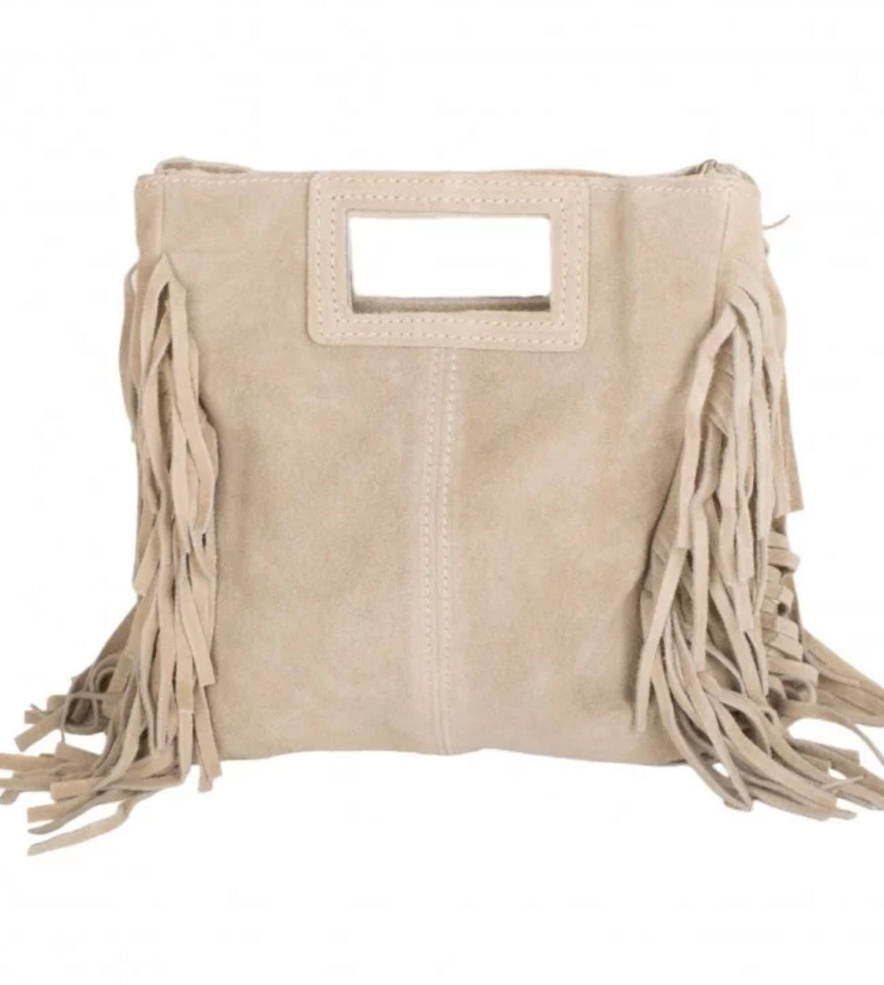 Bolso piel serraje beige flecos