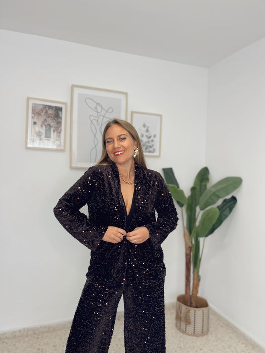Conjunto terciopelo lentejuelas marron (chaqueta y pantalón)