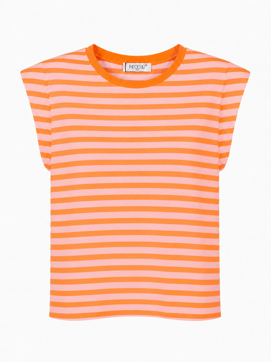 Camiseta algodon rayas hombreras rosa y naranja