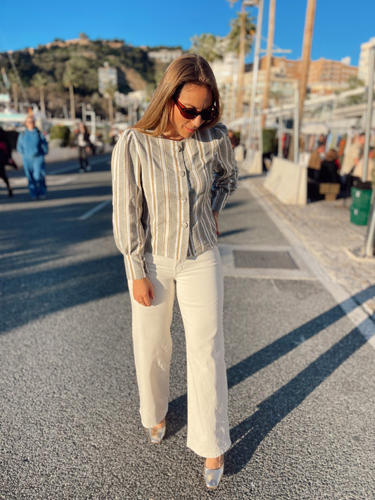 Pantalon vaquero beige elástico de tiro alto recto